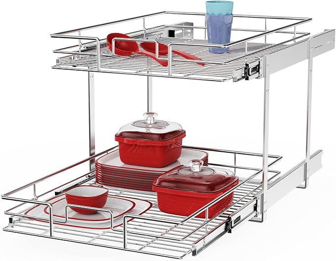 ROOMTEC Individual Pull Out Cabinet Organizer (15½" W x 21½" D), 2 Tier Spice Rack Organizer for Cabinet, Slide Out Drawer Pantry Shelf Organization and Storage for Kitchen Bathroom