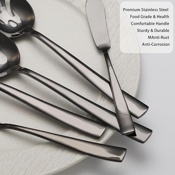 Large Hostess Serving Utensils Set, Stainless Steel Heavy Duty Serving spoons, Slotted Spoons, Serving Fork, Cake Server, Butter Knife, Dishwasher Safe (Black)