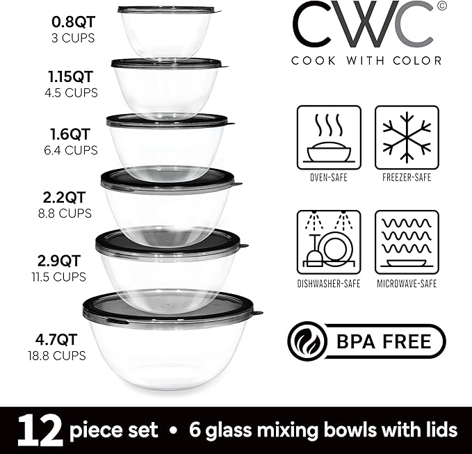 COOK WITH COLOR 12 Pc Glass Mixing Bowl Set with Lids – Borosilicate Glass Nesting Bowls for Cooking, Baking and Meal Prep, Black