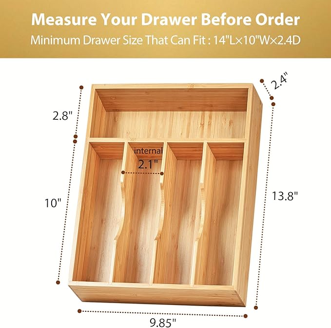 Umilife Kitchen Drawer Organizer, 10 Inch Silverware Utensil Tray Holder, Extra Deep, with Non-Slip Feet & Grooved Drawer Divider, 5 Slots Total Bamboo Wood Caddy for Flatware Cutlery Knives
