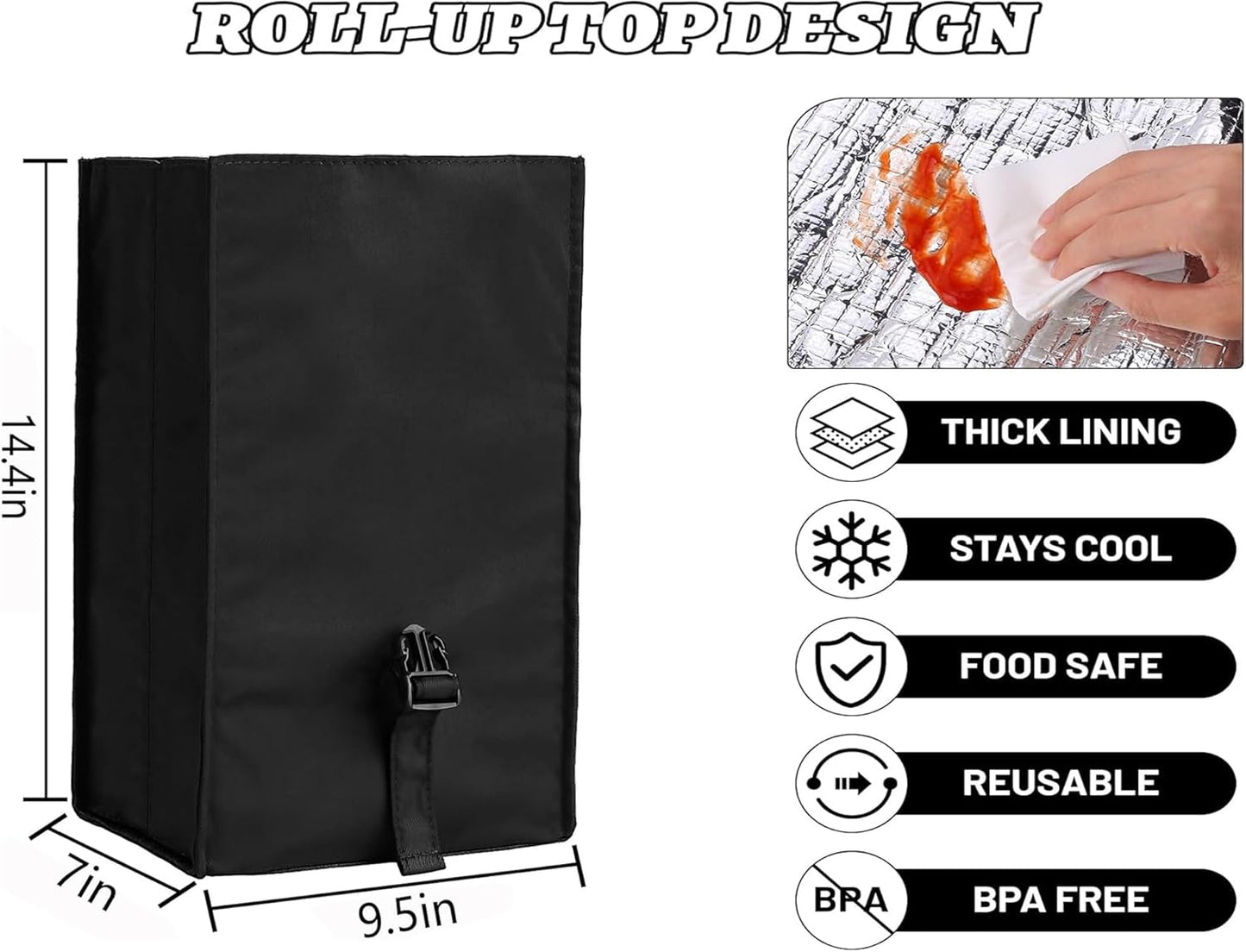Insulated Foldable Lunch Bag- Lightweight Portable with Adjustable Shoulder Strap Lunch Box for Men, Women, Office, Work, Picnic, Hiking and Beach (Black(Soft Fabric))