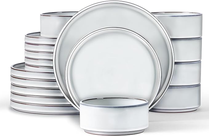 LIANYU 18 Piece Dinnerware Sets for 6, Stoneware Dinner Plates and Bowls Set, Dishware Dish for Home Kitchen Dining, Rustic Terracotta Bottom, Dishwasher & Microwave Safe, Lucent White