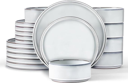LIANYU 18 Piece Dinnerware Sets for 6, Stoneware Dinner Plates and Bowls Set, Dishware Dish for Home Kitchen Dining, Rustic Terracotta Bottom, Dishwasher & Microwave Safe, Lucent White