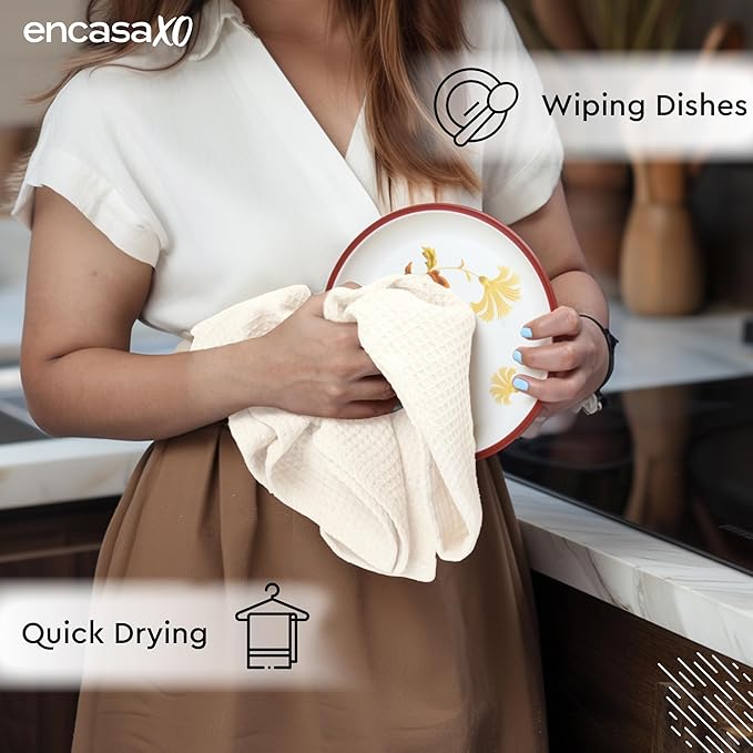 Encasa XO Kitchen Dish Towels Set | Solid Off White | Waffle Weave and Flat Hand Tea Towel | 28"x18" | Quick Drying Reusable Cotton Washcloths | Multipurpose Lightweight Dishcloths Set of 4