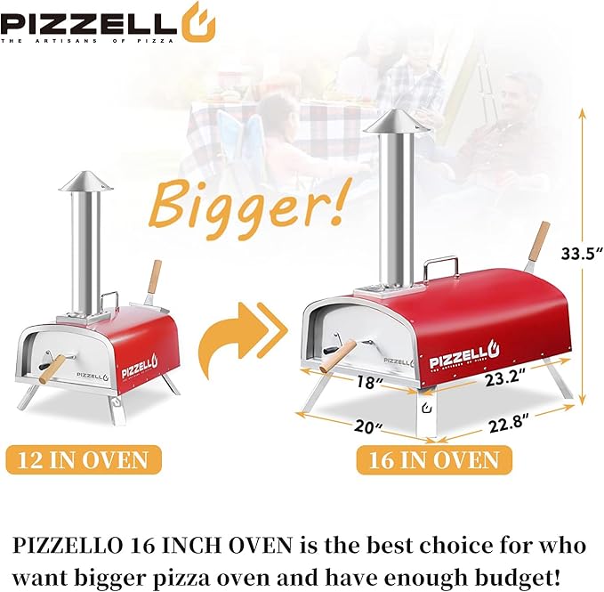 16" Outdoor Pizza Oven Propane & Wood Fired Stainless Steel Pizza Grill with Gas Burner, Wood Tray Pizza Stone, Pizza Peel, Carry Bag (Red)