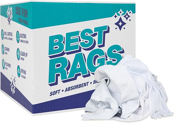 Arkwright Tshirt Box of Rags - 10 lb Box - Low Lint, Streak-Free Multipurpose Professional Cotton Cleaning Cloths for Stain, Paint, Wood, and Grease, White