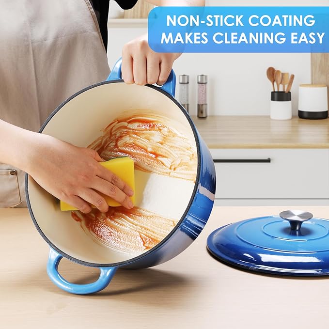 LIFERUN 6 Qt Enameled Cast Iron Dutch Oven Pot with Lid，Oven Safe up to 500° F, Heavy-Duty Non-Stick Dutch Oven with Dual Handles for Bread Baking, Fry Foods, Braising, Stews, Roasting (Blue)