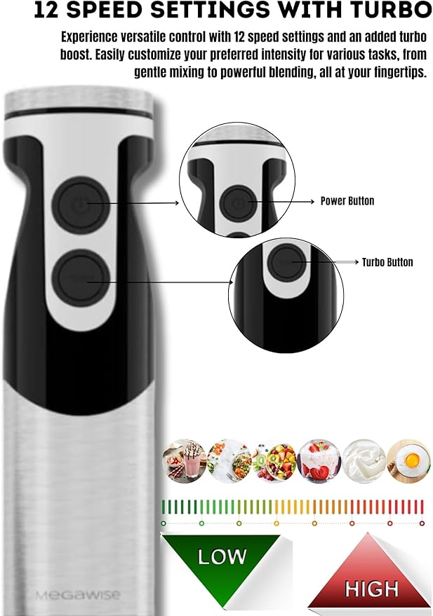 Megawise High-Power Hand Blender – 400W Max Power with Versatile 3-in-1 Attachments (Blending Shaft, Whisk, Chopper); Ergonomic Design with Adjustable Speed Control; Easy to Clean and Maintain (Black)
