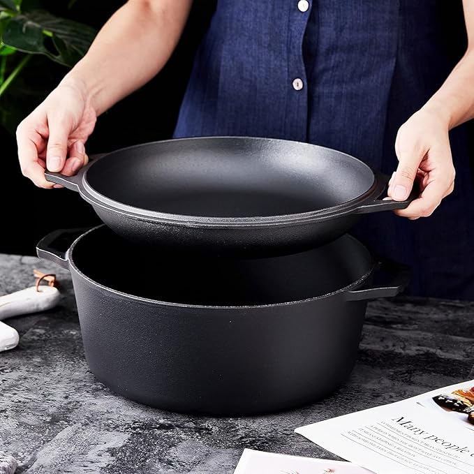 Bruntmor Pre-Seasoned Cast Iron Double Dutch Oven with Skillet Lid - 7 Quart All-in-One Casserole and Braising Pan - Heavy Duty and Oven Safe Black Cookware for Versatile Cooking - 14.7 x 6.9 Inches