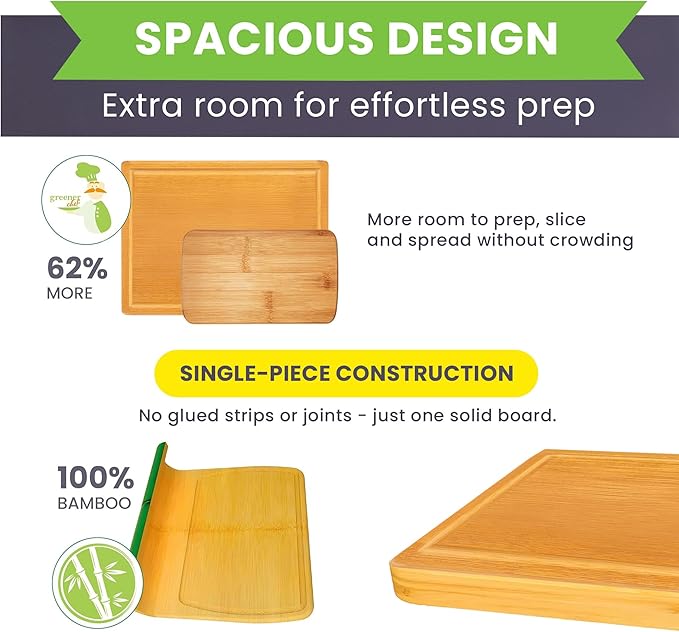 FSC® Certified Extra Large Bamboo Cutting Board Set of 3 – Featuring Glue-Free Surface™ Non Toxic Wood Cutting Boards for Safer Family Cooking and Lifetime Replacements - Rectangle