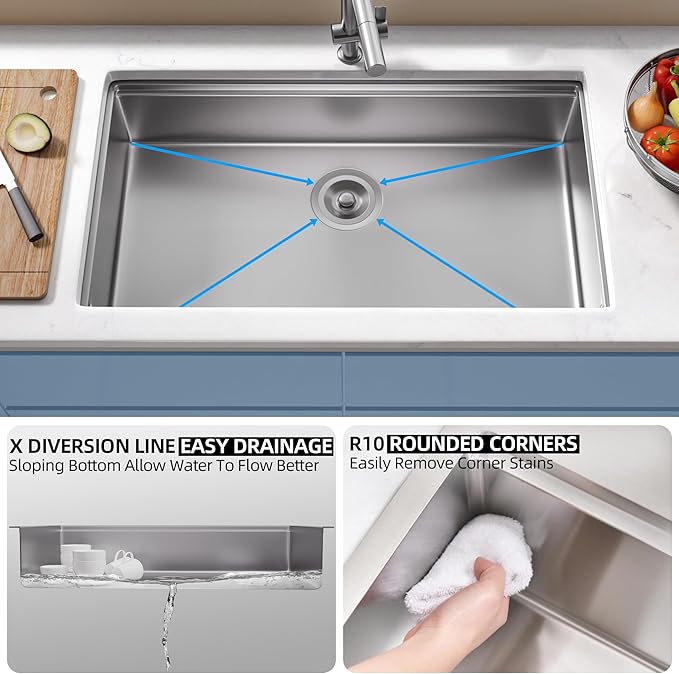 33 Undermount Kitchen Sink, 33x19 Stainless Steel Sinks 16 Gauge Deep Single Bowl Workstation，Under Counter Kitchen Sink with Built-in Accessories