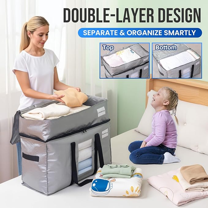 TAILI 2 Tier Extra Large Moving Bags, 4 Pack Silver Heavy Duty Totes for Storage with Visible Window, Wrap Around Handles, Storage Bags for Space Saving, Alternative to Moving Boxes