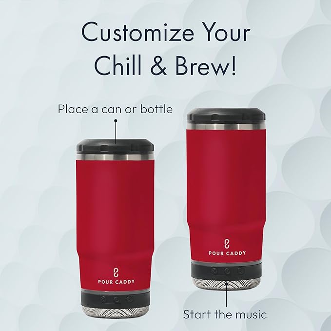 Chill & Brew, Insulated Can & Bottle Holder, Bluetooth Cup with Speaker, Fits 12 oz Cans, Skinny Cans, Most Bottles & Cold Drinks, Red