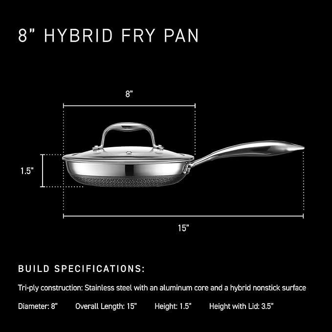 HexClad Hybrid Nonstick 8-Inch Frying Pan with Tempered Glass Lid, Stay-Cool Handle, Dishwasher-Friendly, Oven-Safe Up to 900°F, Induction Ready, Compatible with All Cooktops