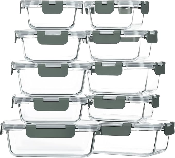 M MCIRCO 10-Pack Glass Food Storage Container with Lids, Airtight Lunch Bento Boxes, Glass Meal Prep Container,Microwave, Oven, Freezer and Dishwasher Friendly