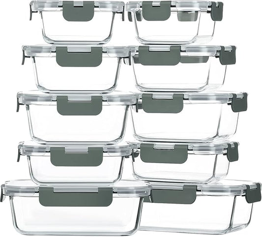 M MCIRCO 10-Pack Glass Food Storage Container with Lids, Airtight Lunch Bento Boxes, Glass Meal Prep Container,Microwave, Oven, Freezer and Dishwasher Friendly