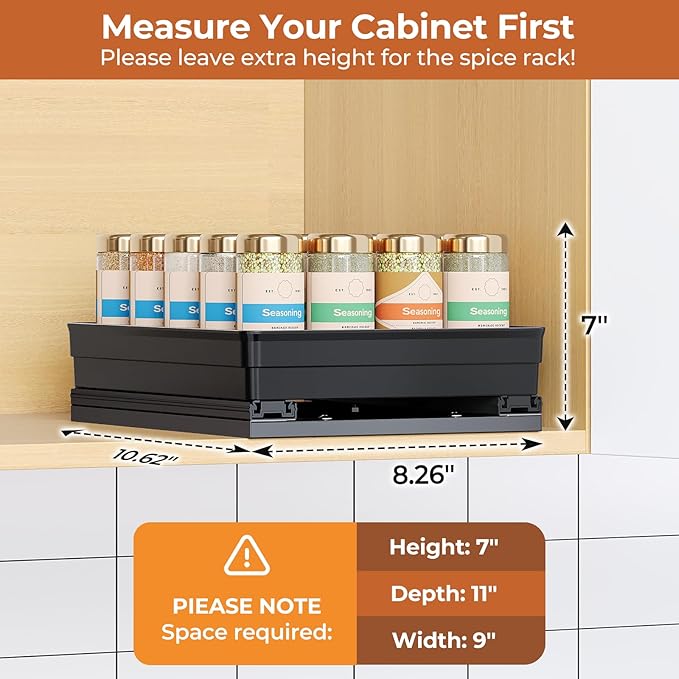 Pull Out Spice Rack Organizer for Cabinet, Slide Out Spice Racks Organizer, Easy to Install Spice Cabinet Organizers, 8.26''Wx10.6''Dx2.7''H, 1 Pack-1 Tier(Black)