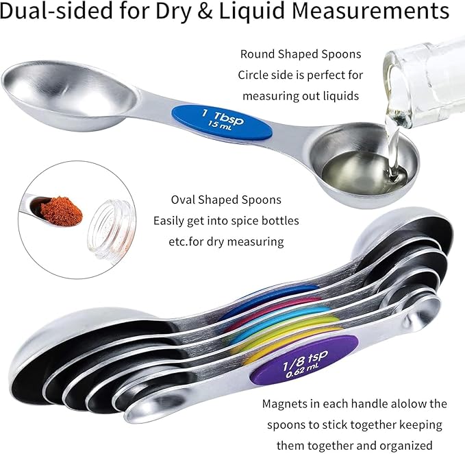 TILUCK measuring cups and magnetic measuring spoons set, stainless steel measuring cups, 6 double-sided stainless steel measuring spoons & 1 leveler(7+7)