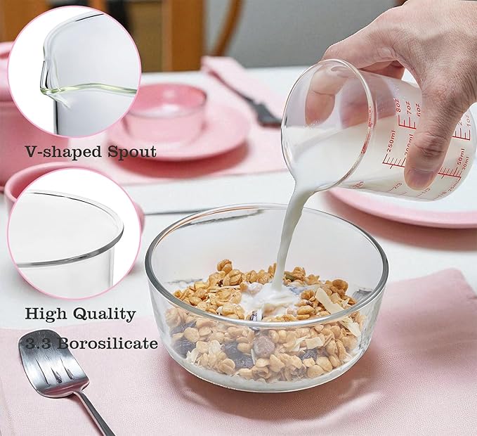 Ackers High Borosilicate Glass Measuring Cup Set with Pour Spout,60ml(2OZ),120ml(4OZ), 250ml(8OZ) Glass Measuring Beaker for Kitchen or Restaurant, Easy to Read