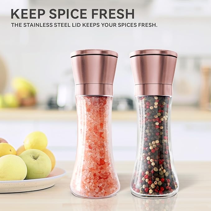 Salt and Pepper Grinder Set – 2-Pack Copper Stainless Steel Manual Mill with Adjustable Coarseness, Clear Glass Body & Ceramic Rotor