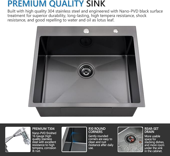 25 Inch Black Drop In Kitchen Sink, Doirteal 25 x 22 x 10 Inch Matte Black Bar Sink Topmount 16 Gauge Stainless Steel Single Bowl Kitchen Sinks Single Basin with Bottom Grid
