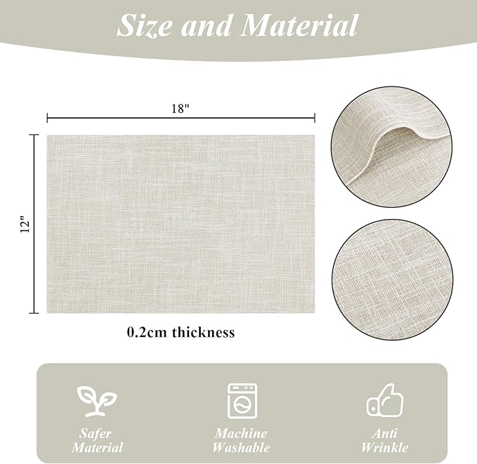 SHACOS Washable Cloth Placemats Set of 4, Double Layer Thick Non Slip Heat Resistant Place Mats, Stain Resistant Faux Linen Modern Farmhouse Table Mats, Ivory