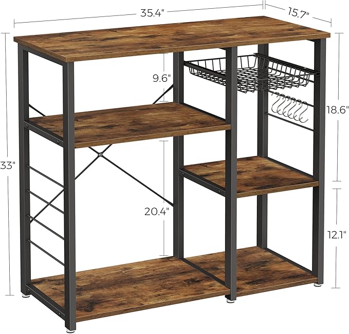 VASAGLE ALINRU Kitchen Baker’s Rack, Coffee Bar, Microwave Oven Stand, with Steel Frame, Wire Basket, 6 Hooks, 35.4", Rustic Brown