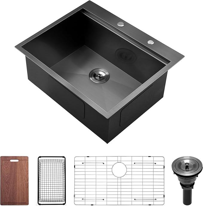 25 Black Drop In Kitchen Sink, Doirteal 25 x 22 Inch Black Workstation Sink Topmount 16 Gauge Stainless Steel Single Bowl Kitchen Sinks BL17S-1