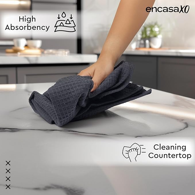 Encasa XO Kitchen Dish Towels Set | Grey | Waffle Weave and Flat Hand Tea Towel | 28"x18" | Quick Drying Reusable Cotton Washcloths | Multipurpose Lightweight Dishcloths Set of 4