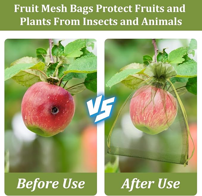 100 Pcs Fruit Protection Bags, 6x9inch Fruit Netting Bags, Green Drawstring Mesh Bags Fruit Cover Pest Barrier for Mangoes Tomatoes Fruit Trees Veggies Garden