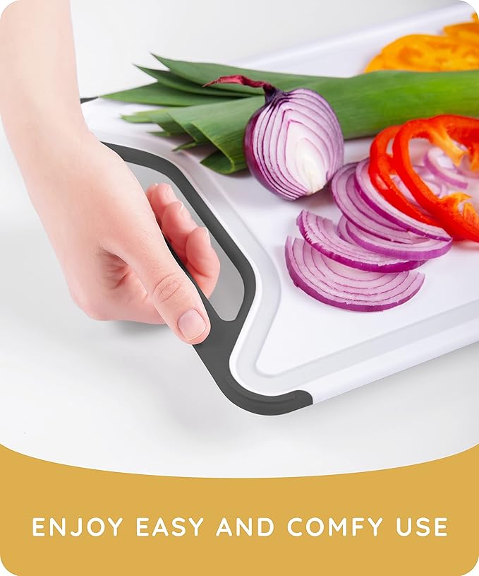 Cutting Boards for Kitchen, Plastic Cutting Board Set of 2, Dishwasher Safe Cutting Boards w/Juice Grooves for Meat, Veggies, Easy Grip Handle, Easy Grip Handle