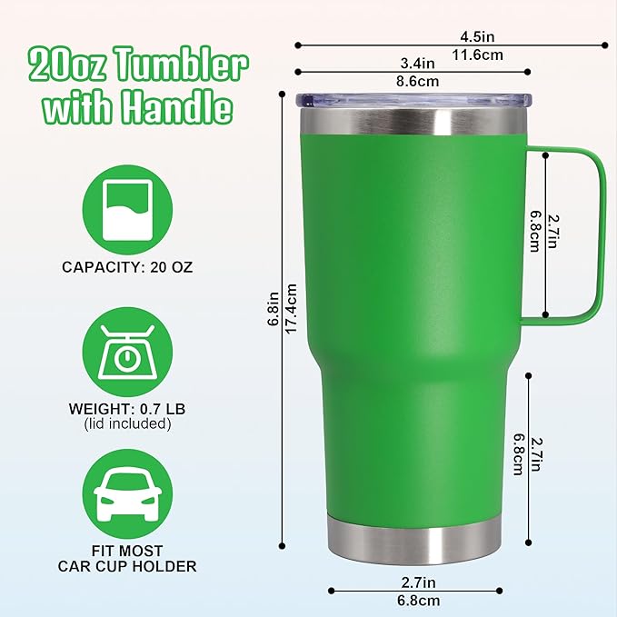 20 oz Tumbler with Handle and Lid, Stainless Steel Tumbler Insulated Travel Coffee Mug, Spill Proof Double Wall Vacuum Tumbler Cup Keep Drink Hot & Cold, Green, 6 Pack