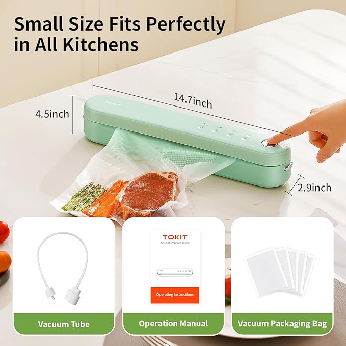 TOKIT Food Saver Vacuum Sealer Machine, 5-in-1 One-Touch Automatic with Dry, Moist, Manual Modes and External Vacuum System, Compact Small Design with 5 Vacuum Bags for Kitchen, Picnic, Travel, Green