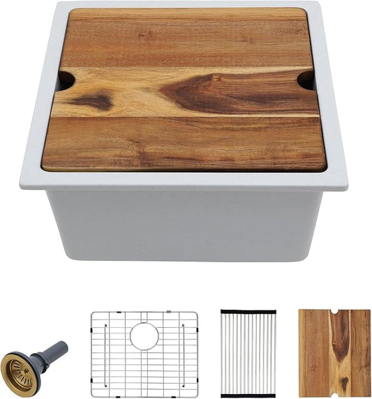 18 Undermount Bar Sink Workstation - Fulorni 18"x18" Undermount Wet Bar Sink White Granite Composite Quartz Classic Single Bowl Under Counter Small Kitchen Bar Prep RV Sink Basin