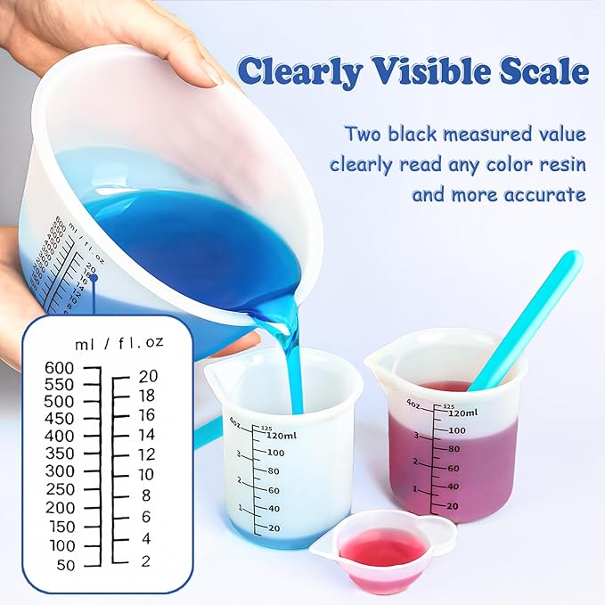 Silicone Measuring Cups Set 600ml/20oz Accurate Scale & 125ml/4.4oz Thickened Reusable Silicone Cups for Resin Molds Silicone Stirring Stick DIY Resin Art Craft Supplies Resin Accessories