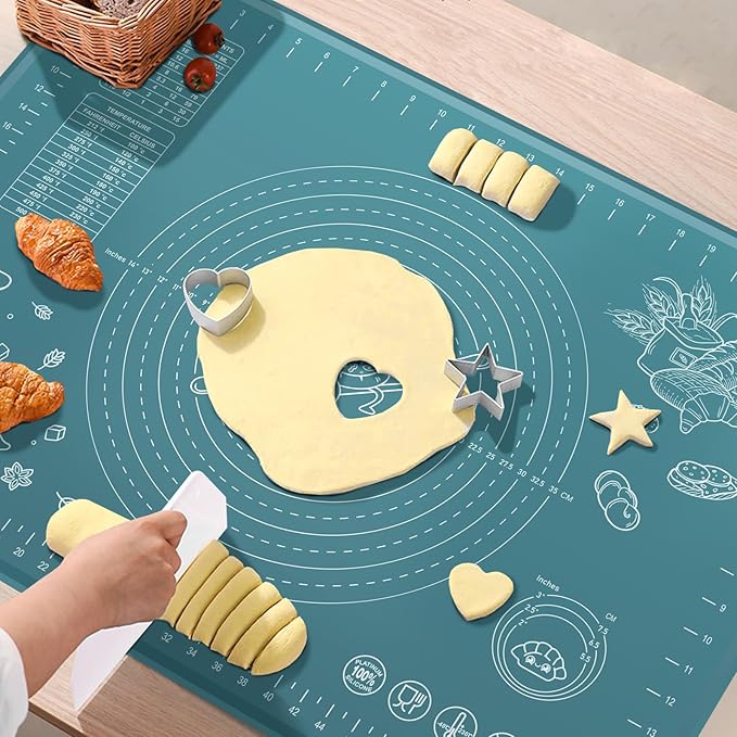 Silicone Pastry Mat 24" x 16" Extra Thick Non Stick Baking Mat with Measurements and Edge Heightening, Food Grade Silicone Rolling Mat for Pastry, Bread, Cookies, Pizza, Fondant, Pasta
