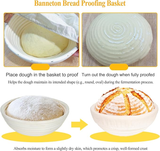 9 & 10 Inch Banneton Bread Proofing Basket Set with Liners,Dough Scraper,Bread Lame & Danish Whisk - Oval and Round Sourdough Baking Kit for Professional & Home Use