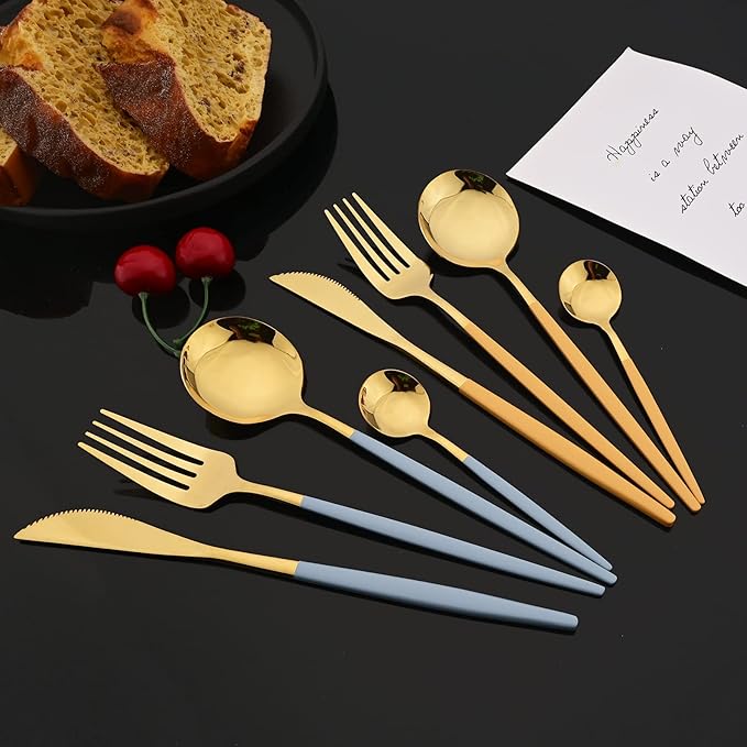 JASHII Flatware Set 24 Piece, Stainless Steel Silverware Set, Macaron Small Fresh Color Cutlery Set, Modern Elegant Tableware Set for Party, Christmas, Dinner (Yellow Gold)