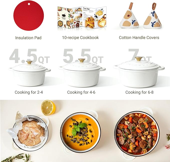 Overmont Enameled Cast Iron Dutch Oven - 5.5QT Pot with Lid Cookbook & Cotton Potholders - Heavy-Duty Cookware for Braising, Stews, Roasting, Bread Baking Pearl White