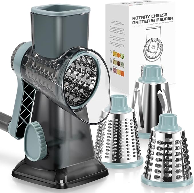 Cheese Grater Vegetable Cheese Shredder Slicer Grater for Kitchen 3 Changeable Blades for Cheese Potato Zucchini Nuts Chocolate (Grey Blue)