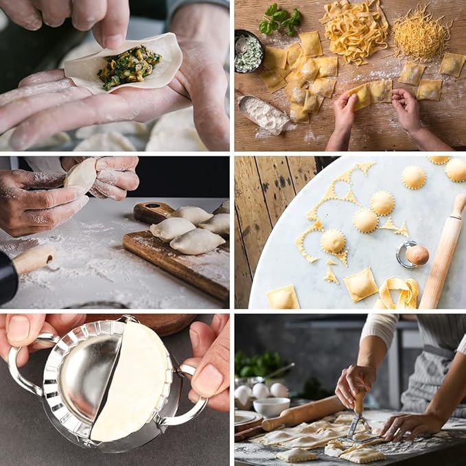 Ravioli Pasta Cutter Wheel Set of 5, Ravioli Makers with Roller Ravioli Stamp Cutter Set with Wooden Handle, Pasta Press Wheel Pasta Maker Tools For Pasta Making Dumplings, Pierogi (Silver)