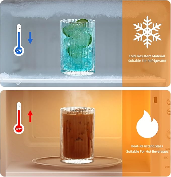 INSETLAN 17oz Ribbed Glassware Set of 4, Glass Cups Large Vintage Glassware Set, Origami Style Cocktail Glasses, Ideal for Beer, Juice, Water, Ice Coffee Cup, Whiskey