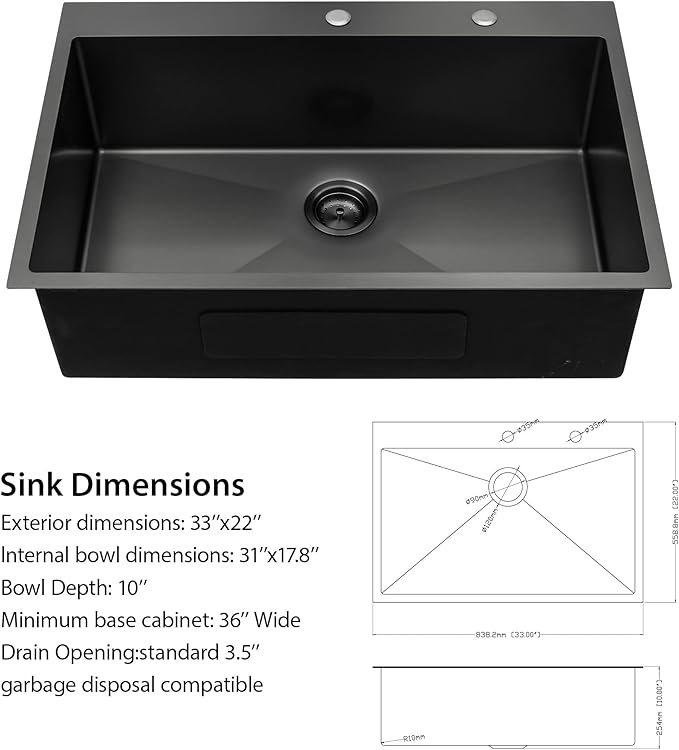 Lordear 33 Black Kitchen Sink Drop In 33x22 Gunmetal Black 16 Gauge Stainless Steel Drop In Kitchen Sinks R10 Round Corner Single Bowl Topmount Over Counter Rectangular Sink Basin