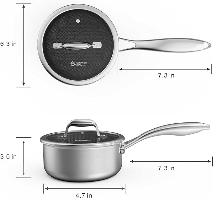 COOKER KING 1.5 Quart Stainless Steel Saucepan, Nonstick Sauce Pan, Ceramic Suce Pot with Tempered Glass Lid, Induction Pot Compatible with All Cooktops, Dishwasher & Oven Safe(PFAS/PFOA/PTFE Free)