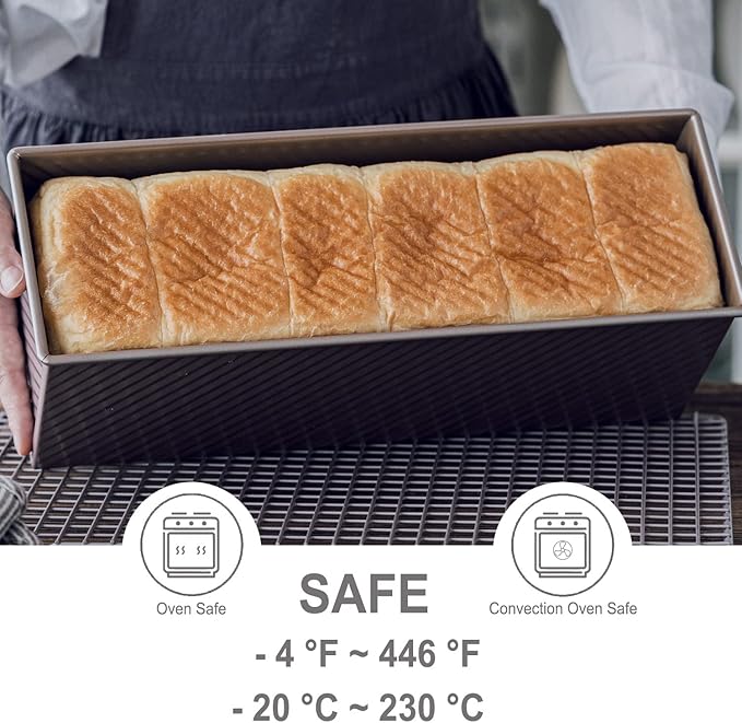 CHEFMADE Commercial Pullman Loaf Pan with Lid, 2.6Lb Dough Capacity Non-stick Rectangle Corrugated Toast Box for Oven Baking 5.2" x 15.2"x 4.9"(Champagne Gold)