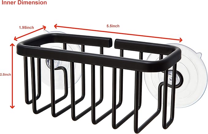 SunnyPoint NeverRust Kitchen & Bathroom Sink Caddy for Sponges, Scrubbers, Soap, 6" x 2.5" x 2.75", with Adhesive Mount - Additional Suction Cup Included –Aluminum (Black)