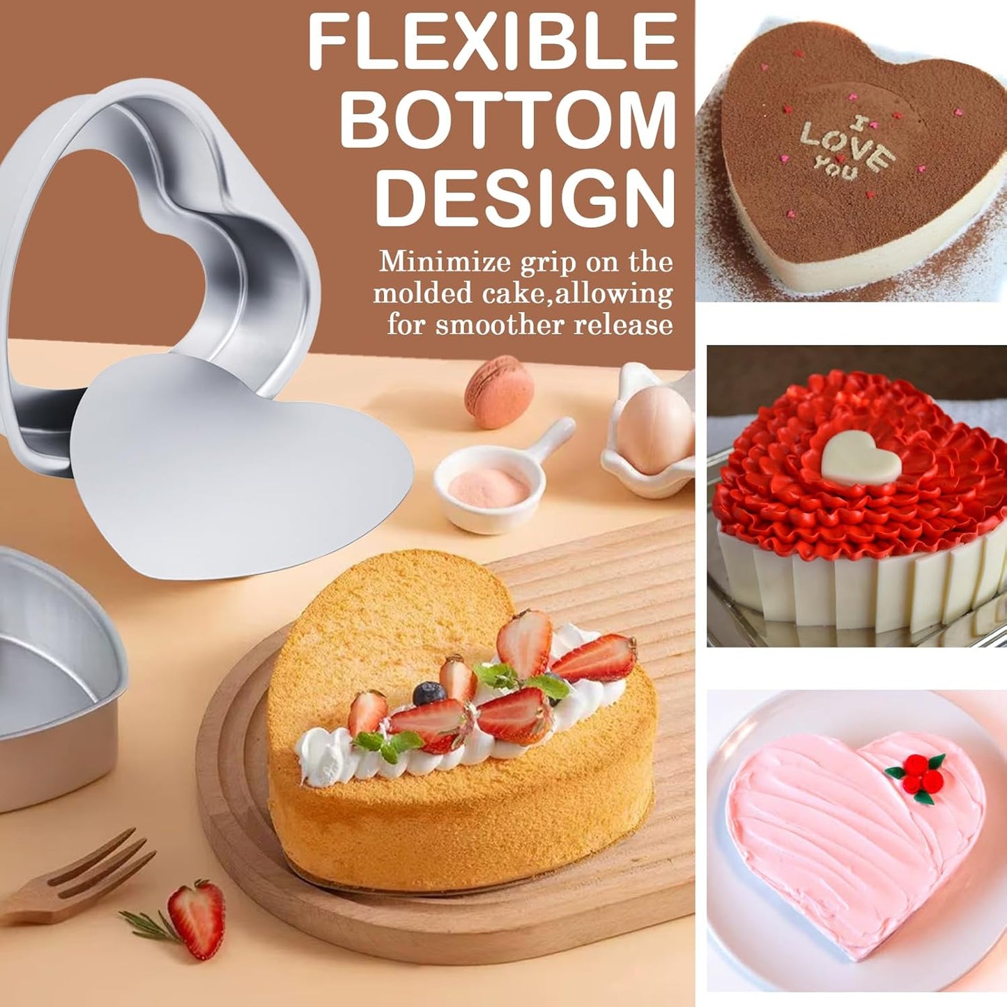2 Pcs Heart Shaped Cake Pans with Removable Bottom, 8 & 10 Inch Aluminum Baking Mold Tool Set DIY Nonstick Cake Push Pan Cheese Cake Tray for Valentines Wedding Birthday Anniversary