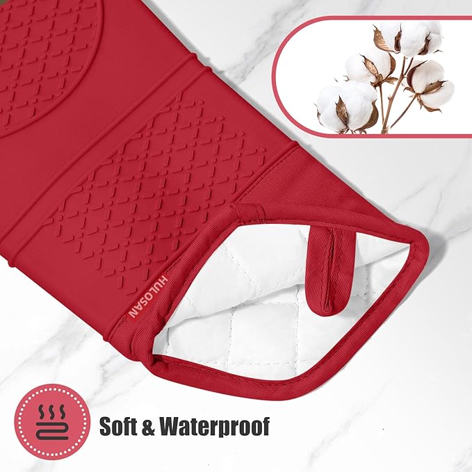 Oven Mitt and Pot Holders Sets, Quilted Cotton Terry Cloth,Non-Slip Pot Holder, Silicone Oven Mitt Heat Resistant, Oven Mittens 7.3"x14.2", Hot Pad 7"x10" & Dish Cloths 13"x25"