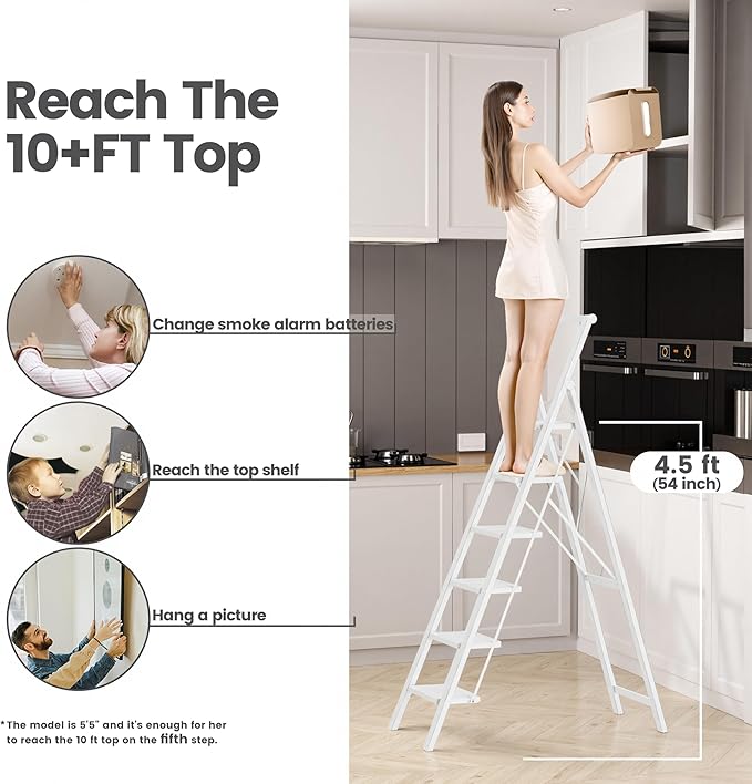 6 Step Ladder, Folding Step Stool with Handgrip and Anti-Slip Wide Pedal, Portable Lightweight Aluminum Stepladder for Kitchen, Home, Library, Office (300 lbs Capacity) - White
