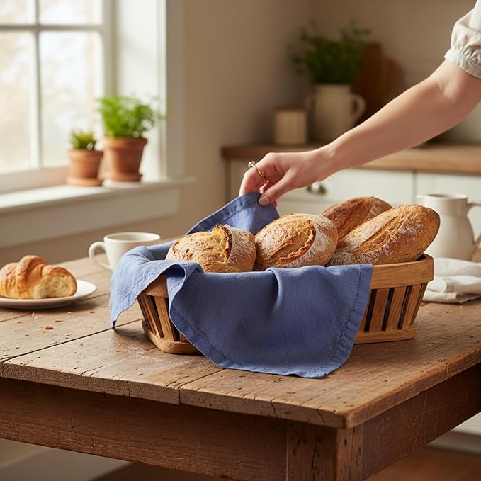 Hemstitched Linen Napkins – 20 Inch x 20 Inch – Stonewashed Pure Linen Cloth Dinner Napkins with Mitered Corners - 100% French Flax – Machine Washable - Set of 4 (Soft Blue)